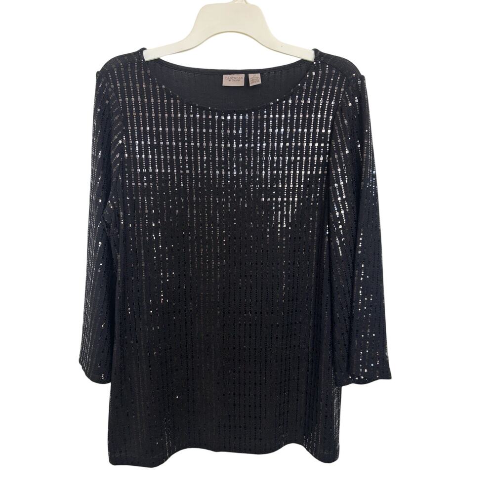 Vtg 90s Easywear Chico’s Black Flashy Wide Neck Top 3/4 Sleeve Size 2 Large